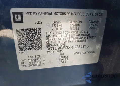 2019 GMC Sierra 1500 Sle z USA, uszkodzony, nr VIN 3GTU9BEDXKG254845